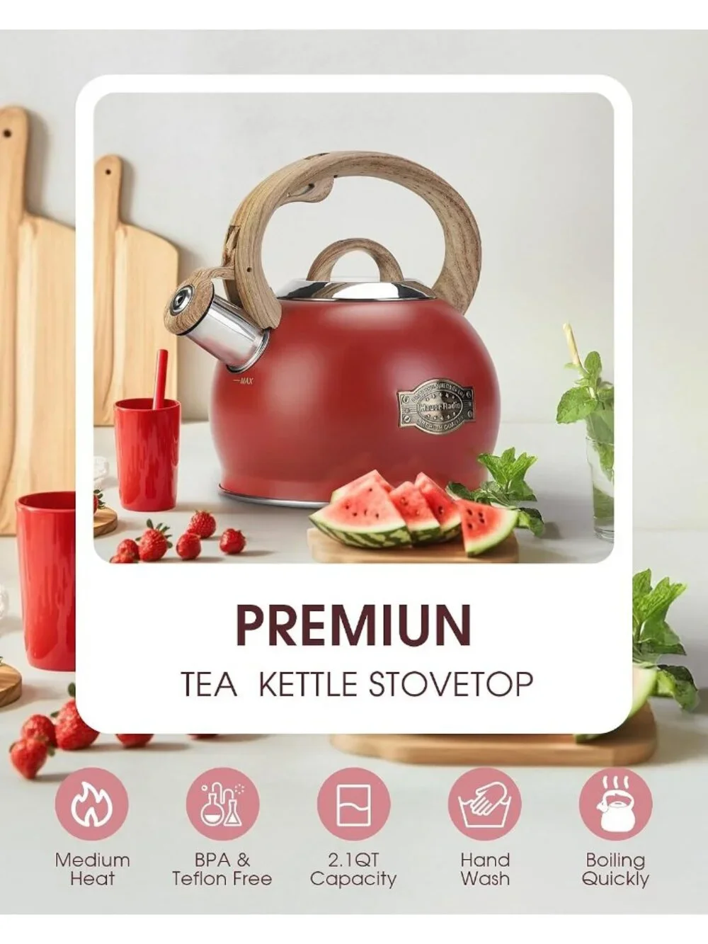 Red Whistling Tea kettles 2.1 Quart Stainless Steel Stovetop with Wood Handle